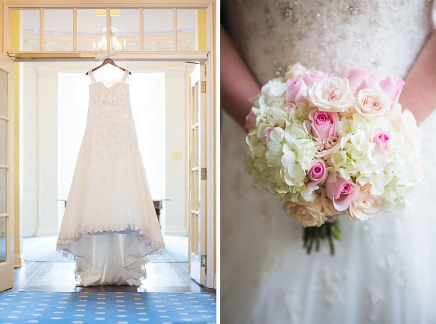 bridal gown and bouquet at Otesaga wedding