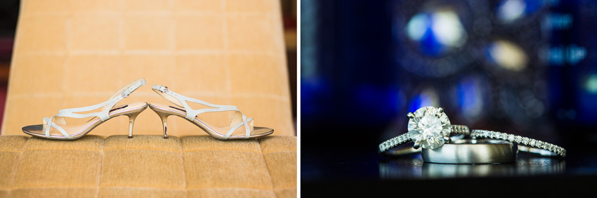 bride's shoes and wedding rings