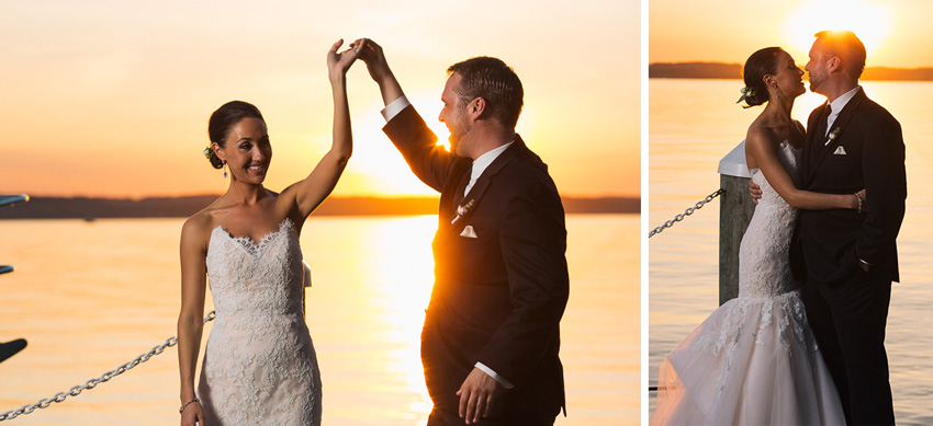 wedding photos on Aurora Inn dock at sunset 