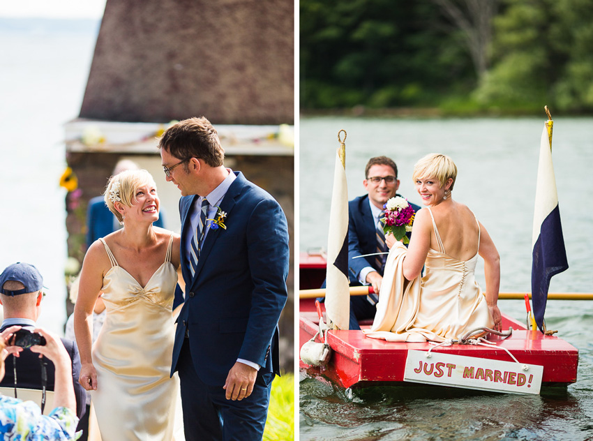 bride and groom row away on the St. Lawrence in the 1000 islands