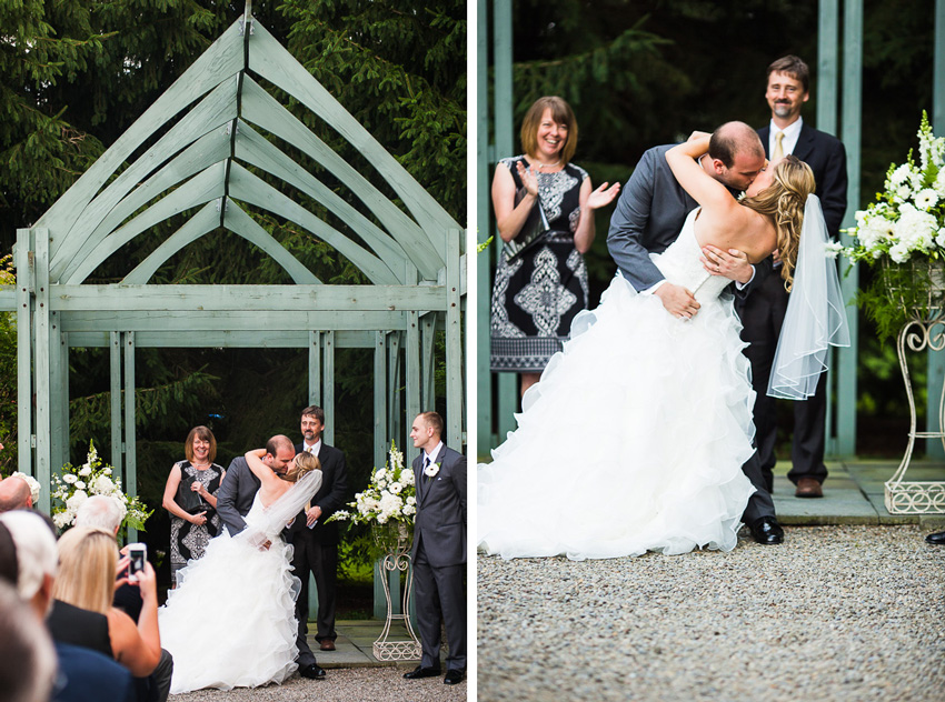 groom dips bride in the first kiss at Finger Lakes wedding