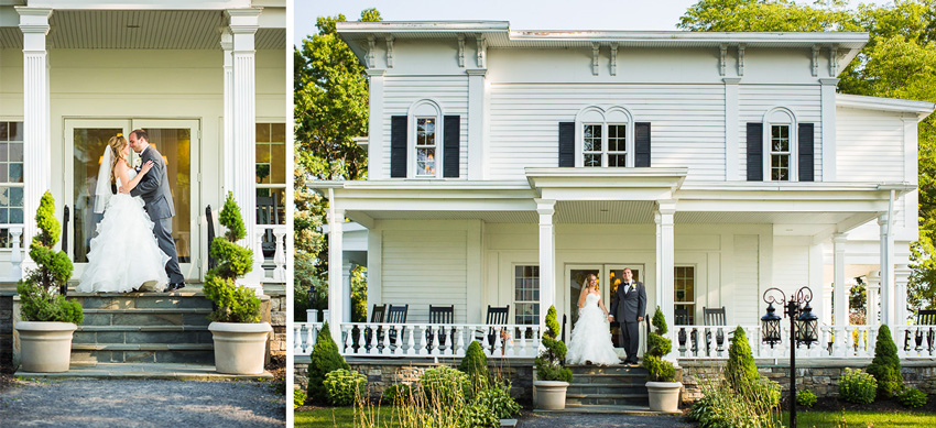 bride and groom on front porch of John Joseph Inn