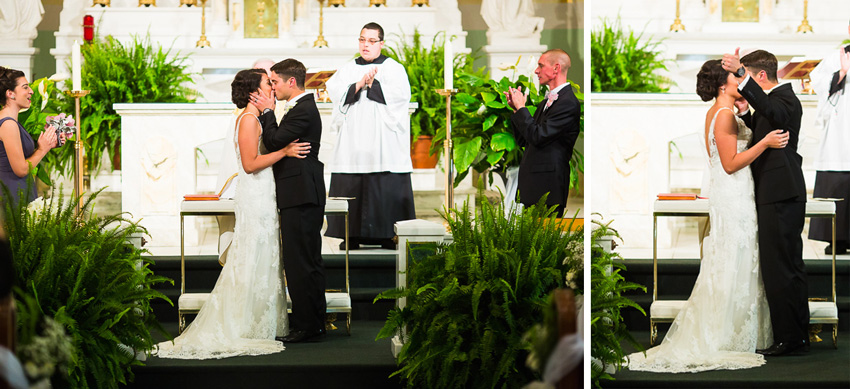 groom gives a thumbs up at the wedding first kiss