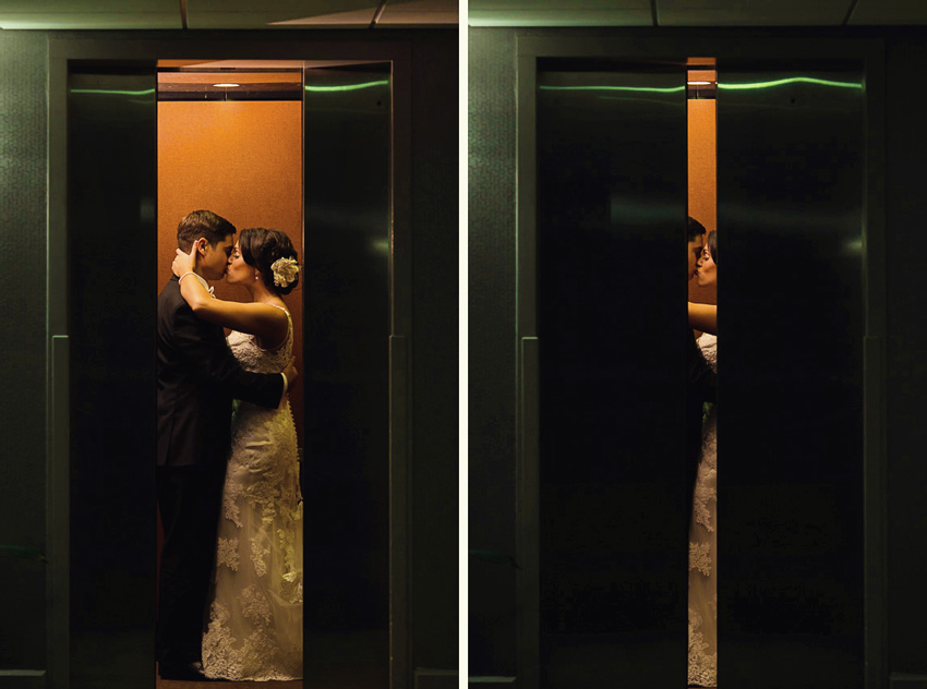 bride and groom in elevator at the end of the wedding day
