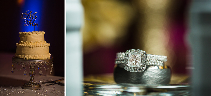 wedding cake and wedding rings at DoubleTree reception