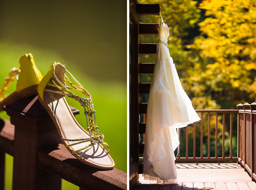 bride's dress and shoes along the Delaware River