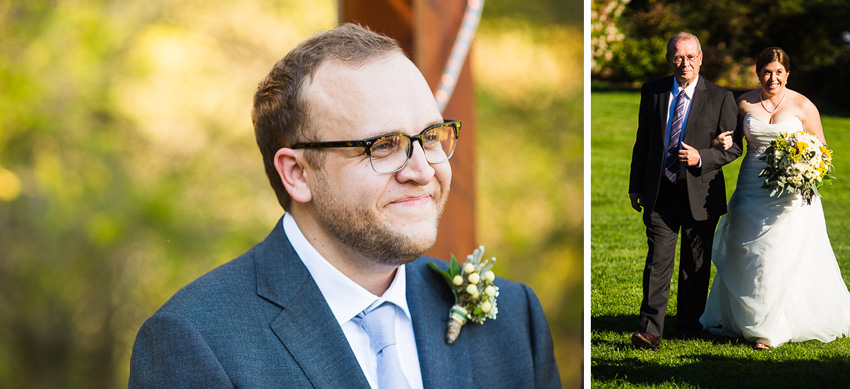 groom watches bride come down the aisle at west branch wedding