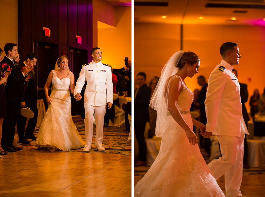 bride and groom enter Cypress Room wedding reception at Turning Stone