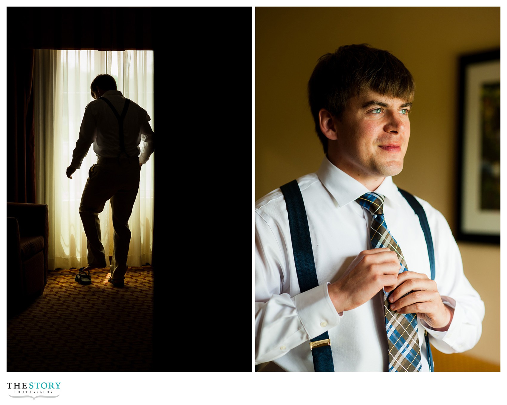 Groom getting ready for Wolf Oak Acres wedding photos