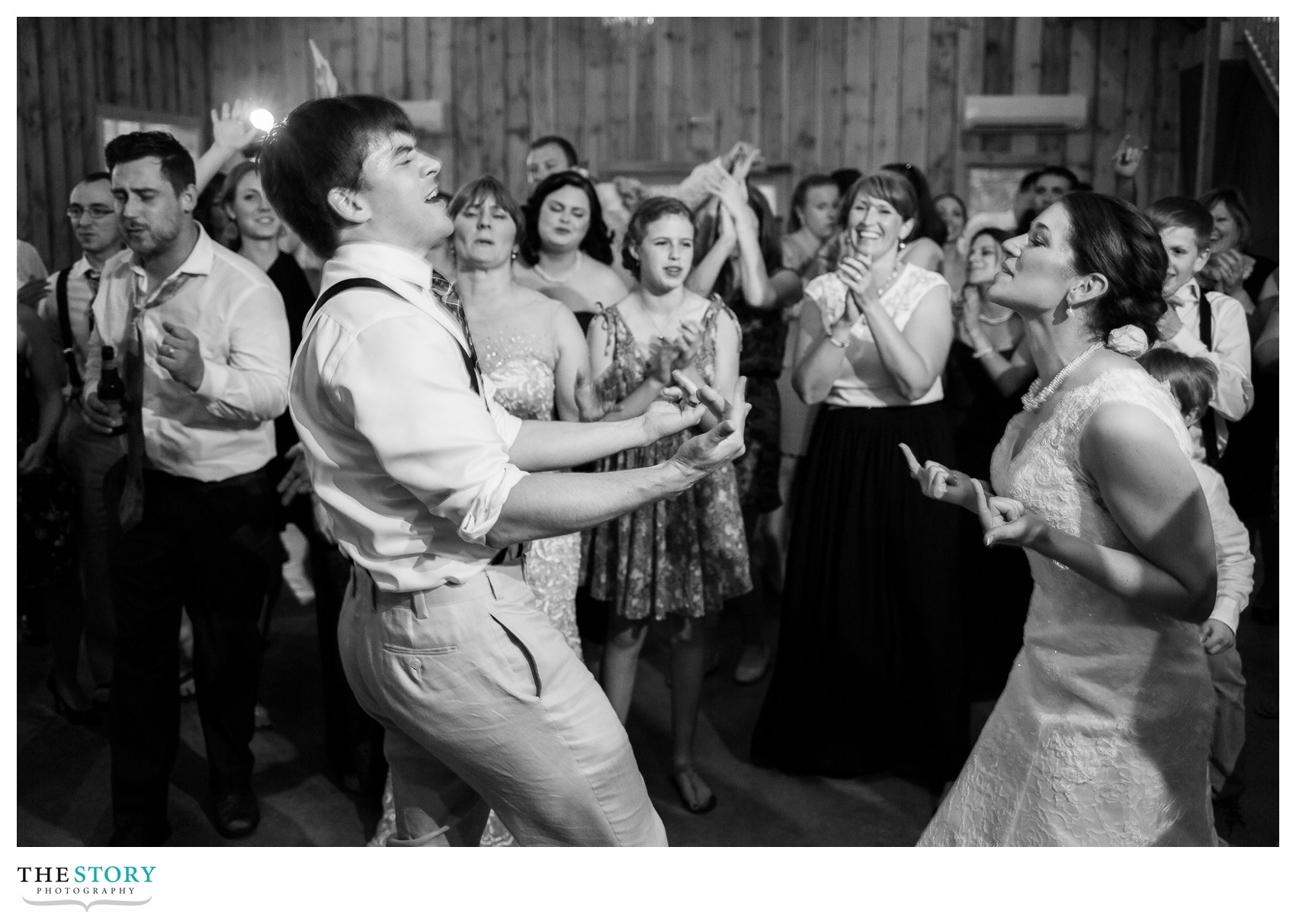 bride and groom dance at New York barn wedding reception