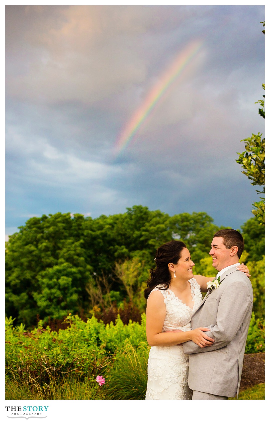 wedding photo with rainbow in Skaneateles