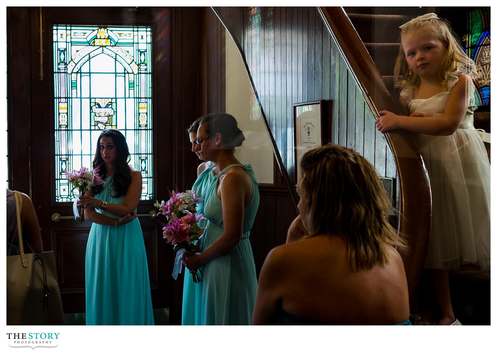 flower girl and bridesmaids at St. Mary's wedding in Auburn, NY