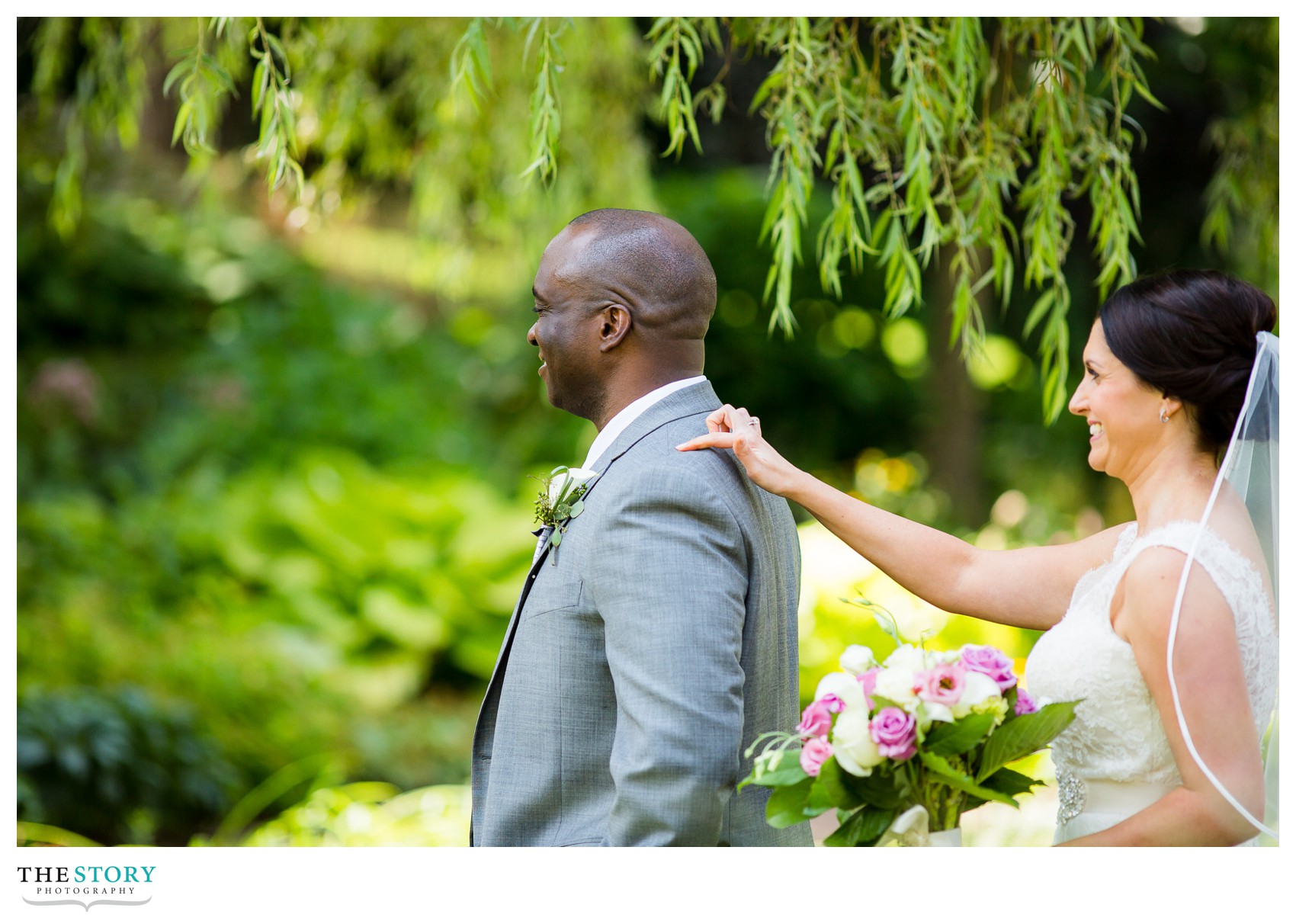 first look before wedding at mirbeau spa