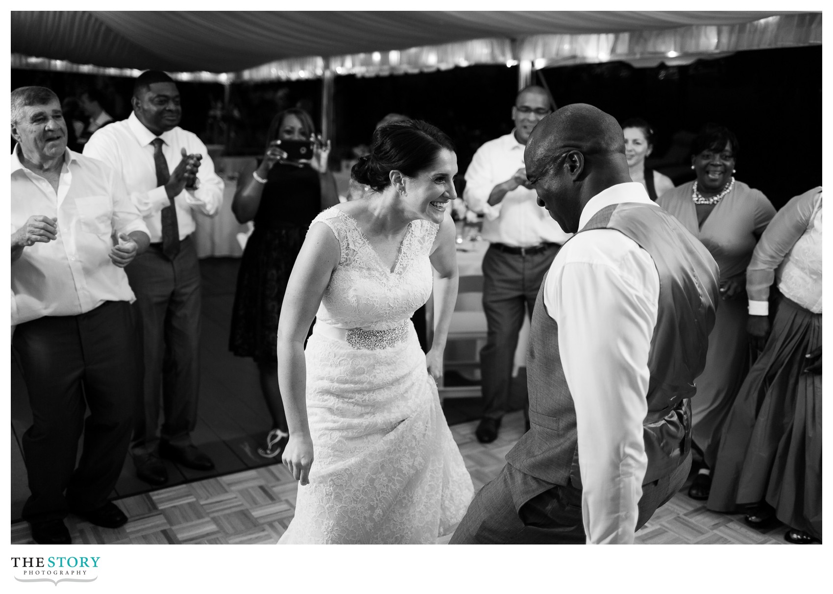 bride and groom dancing at mirbeau tent wedding reception