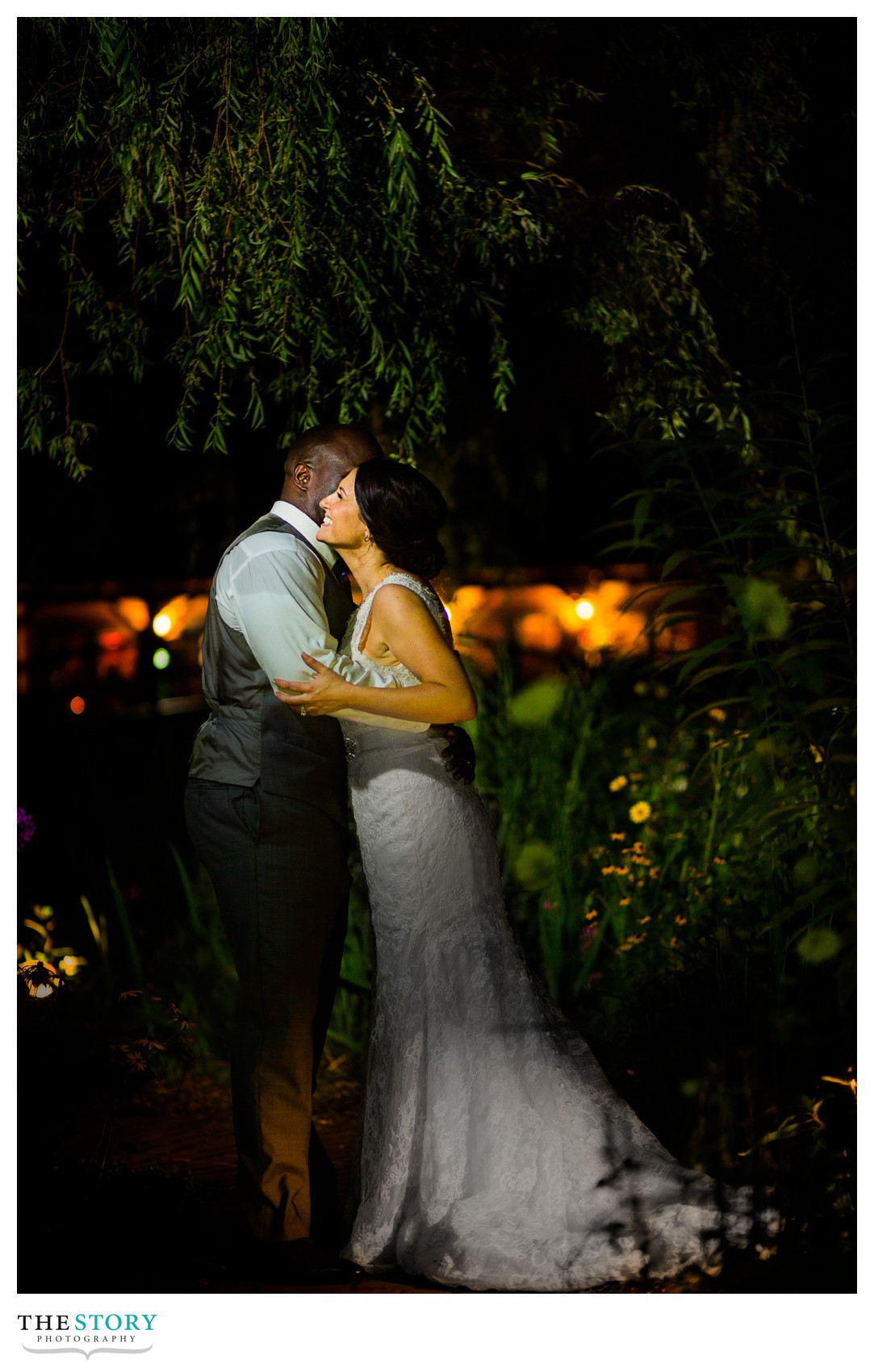 night wedding photo at mirbeau garden