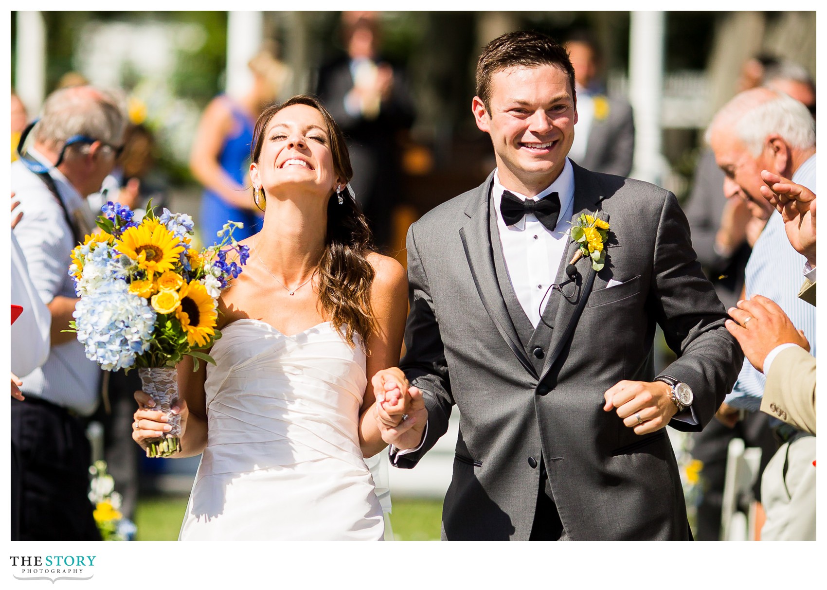 bride and groom overjoyed after wedding ceremony