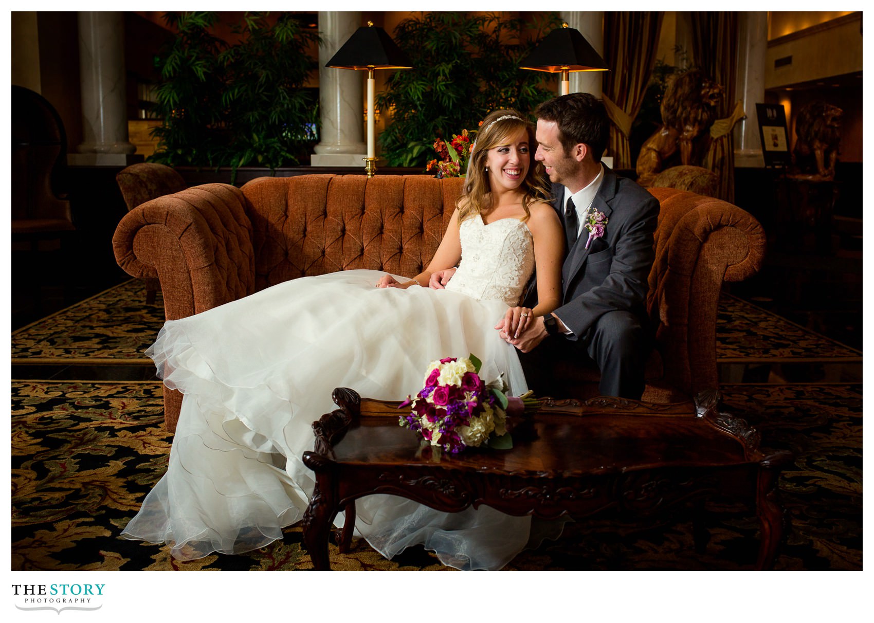 wedding photo in lobby of Genesee Grande Hotel