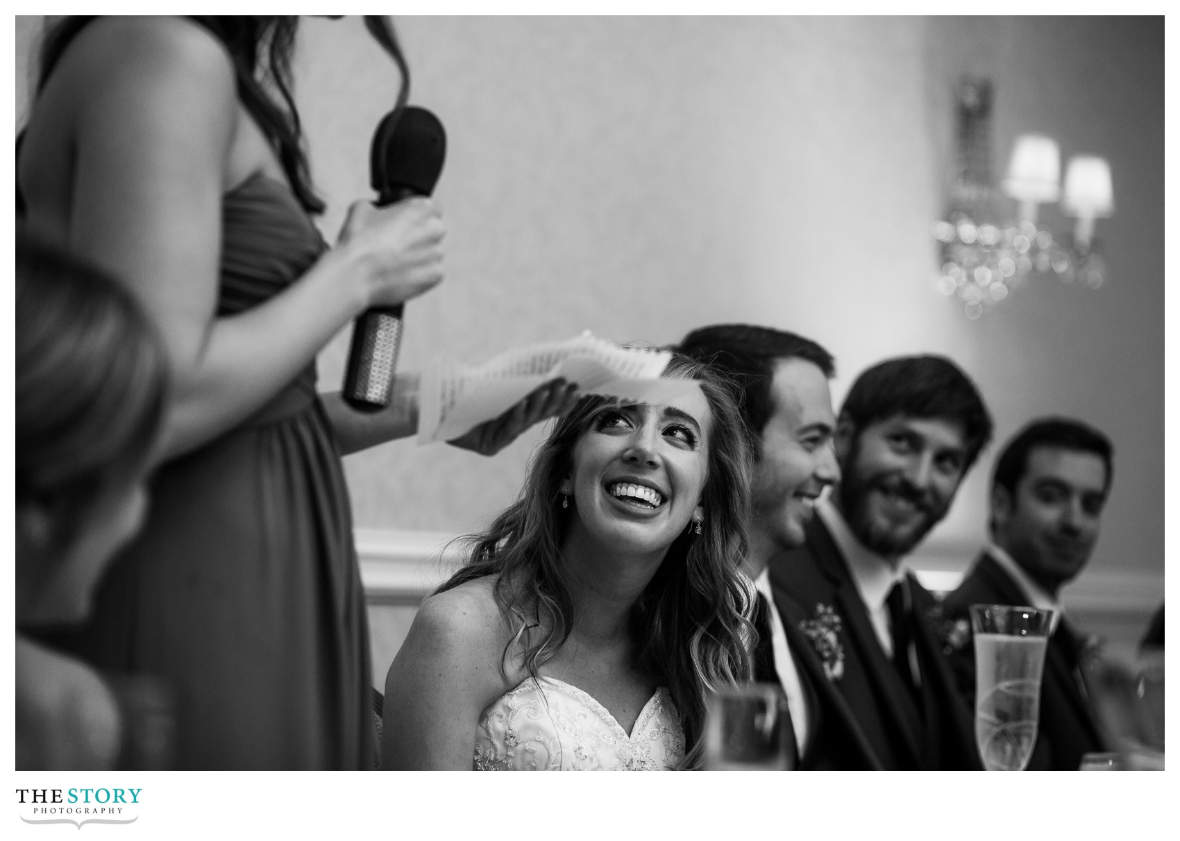 bride's reaction to maid of honor speech at Genesee Grande Hotel