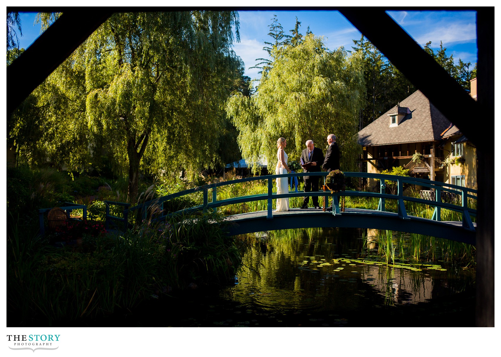 outdoor wedding ceremony on monet bridge at Mirbeau Inn & Spa