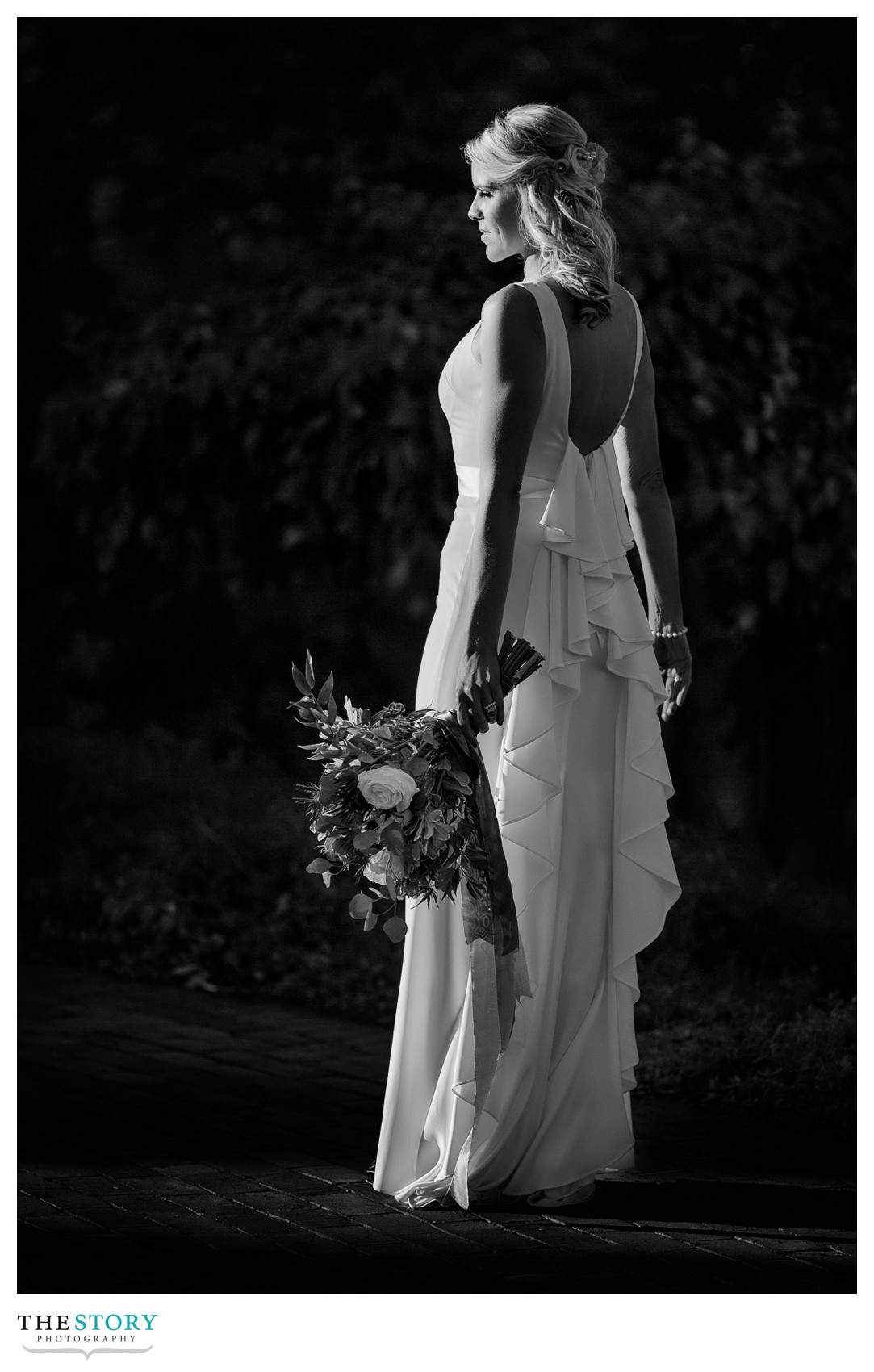 black and white bride portrait at mirbeau spa in skaneateles