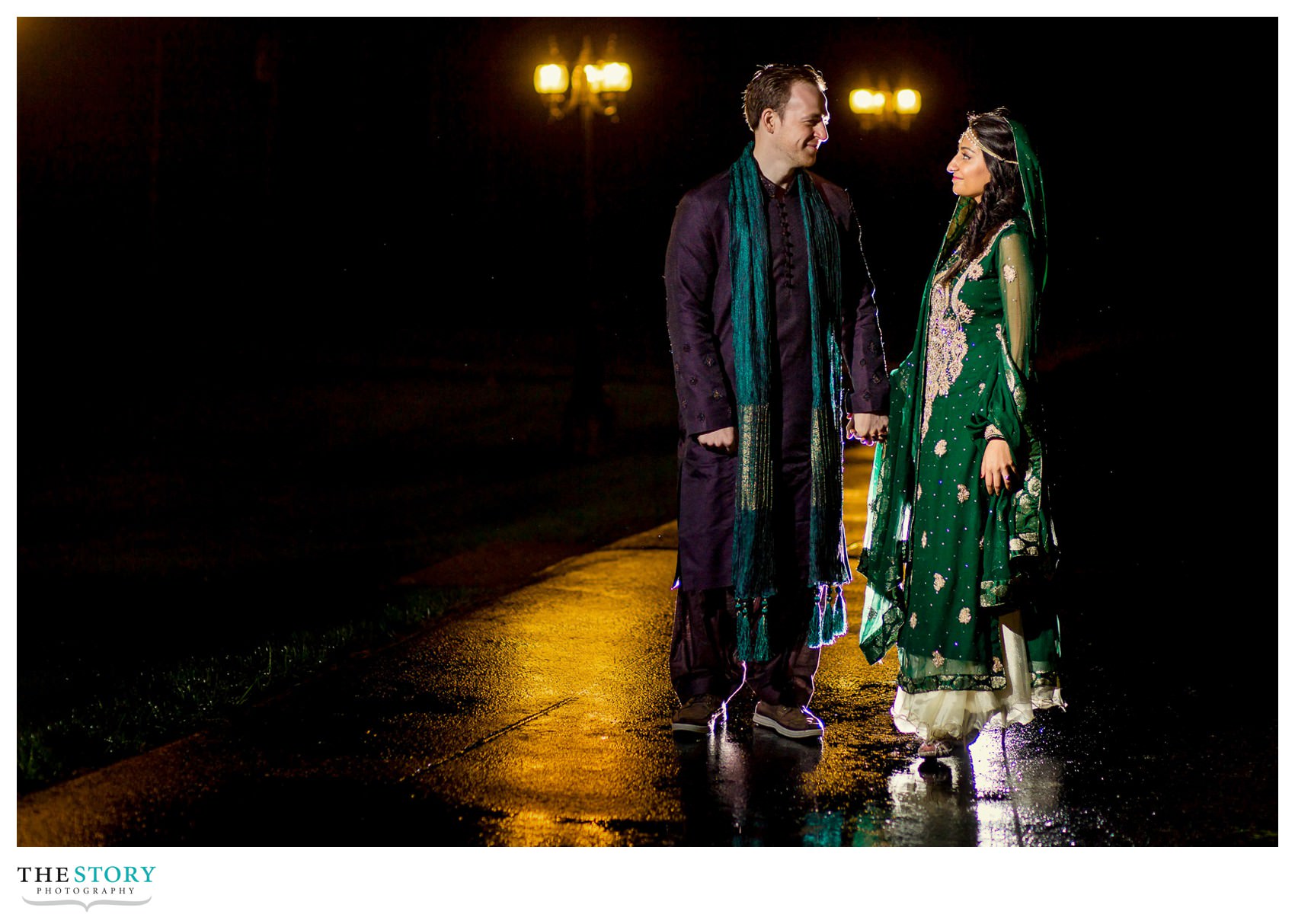 bride and groom night portrait before wedding