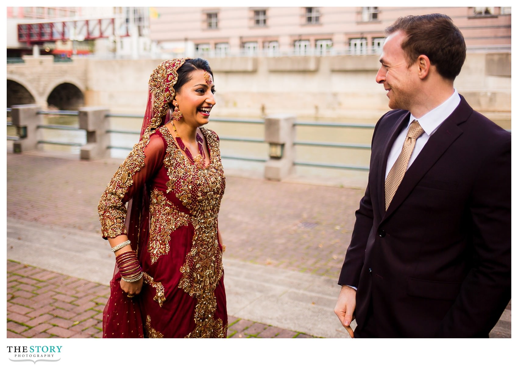 bride and groom see each other for the first time on wedding day in Rochester