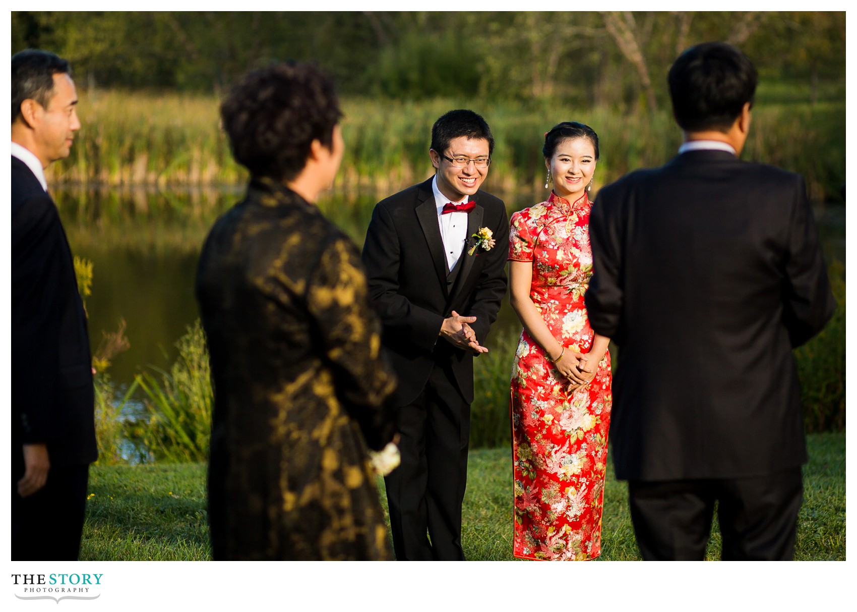 bride and groom react to speech from father at Cornell Plantations wedding