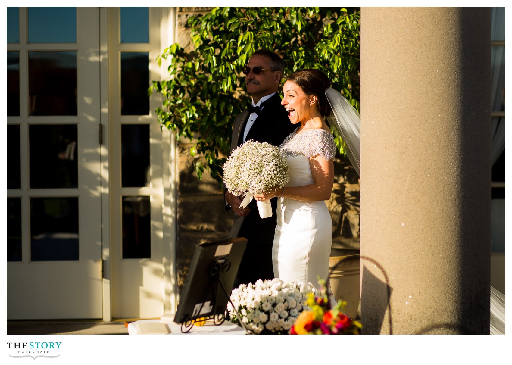 bride is excited walking down the aisle on wedding day