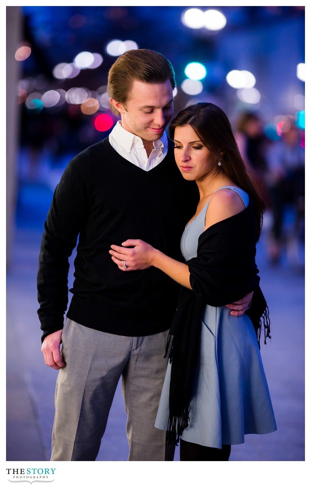 night engagement photo on Boylston Street