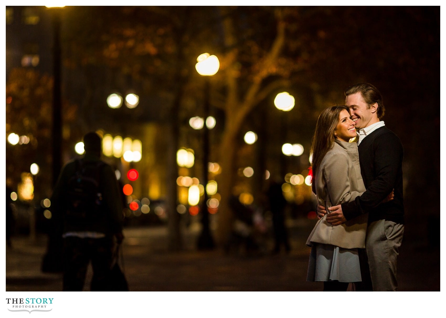 Copley Square engagement photo at night