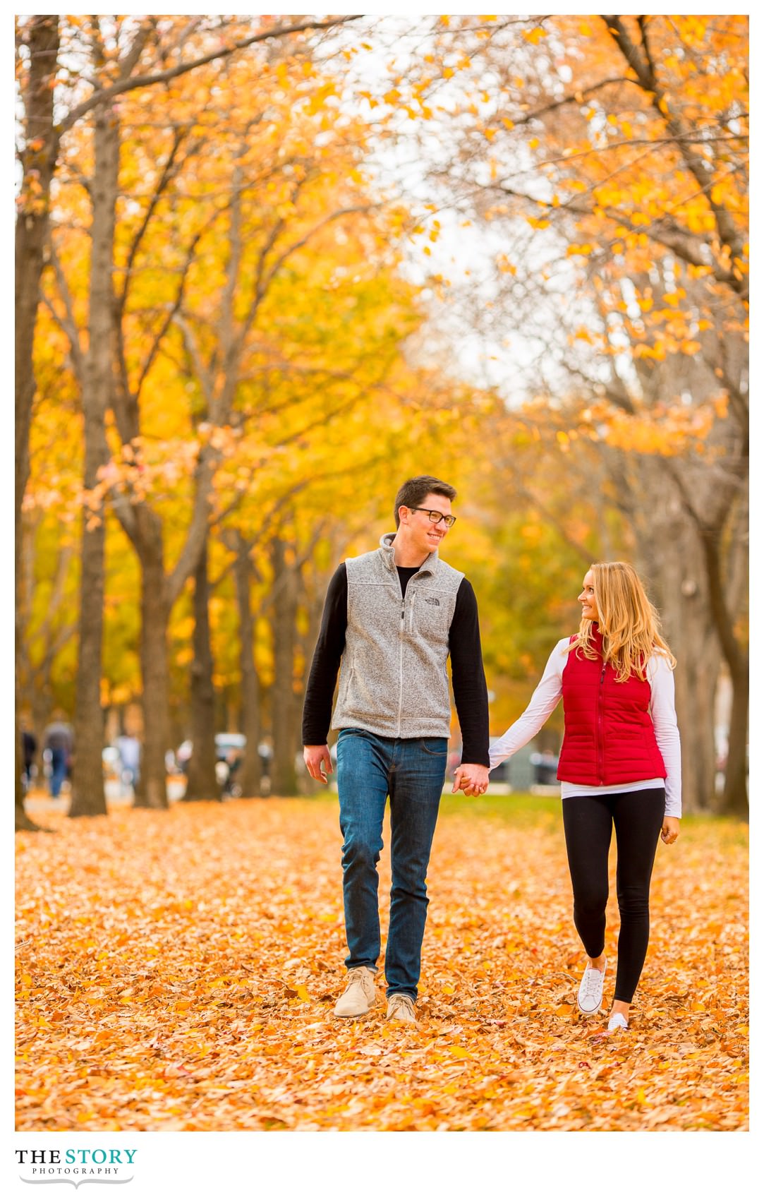 fall foliage on Commonwealth Ave Boston engagement photos