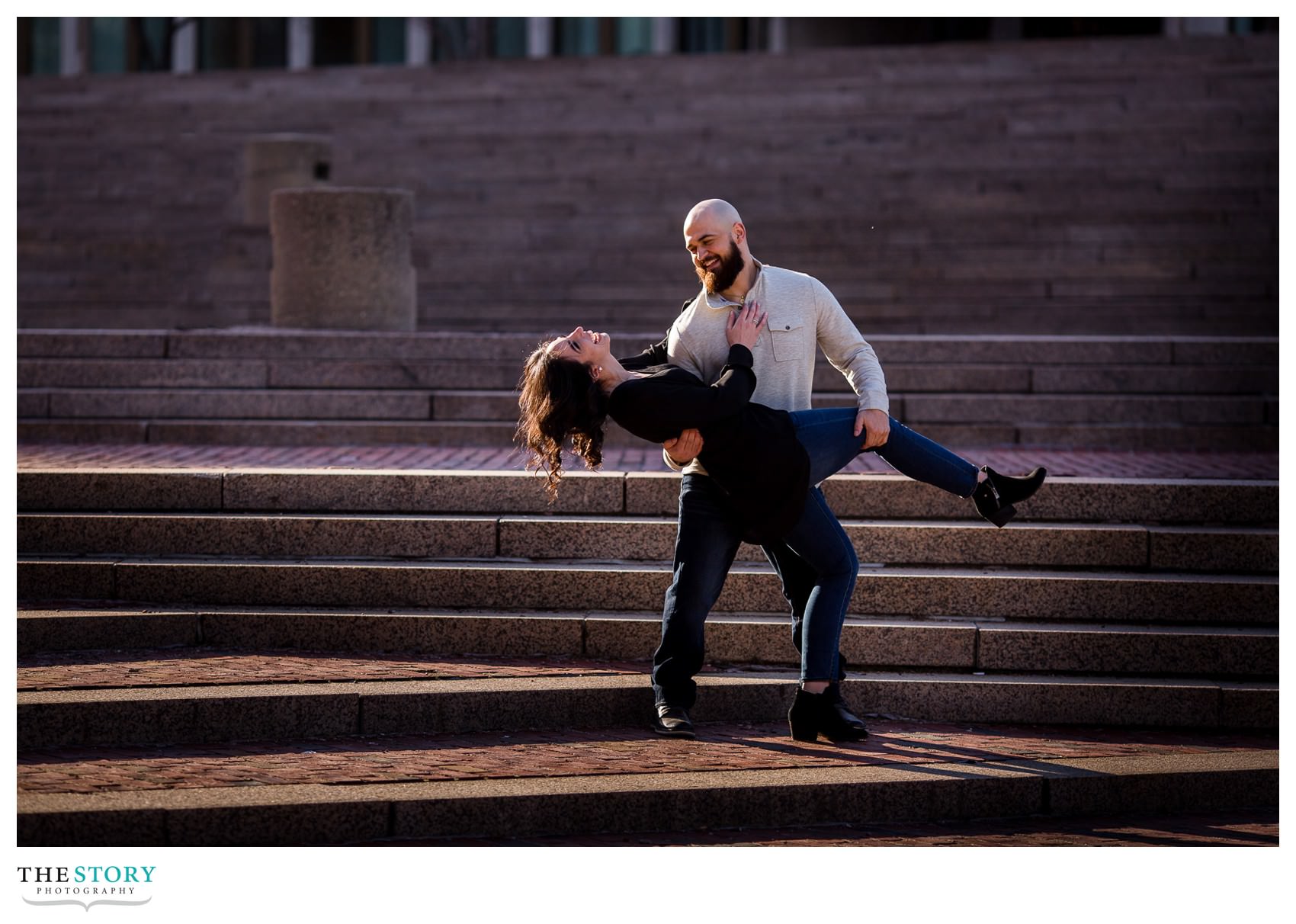 Boston engagement photo on Government Center steps