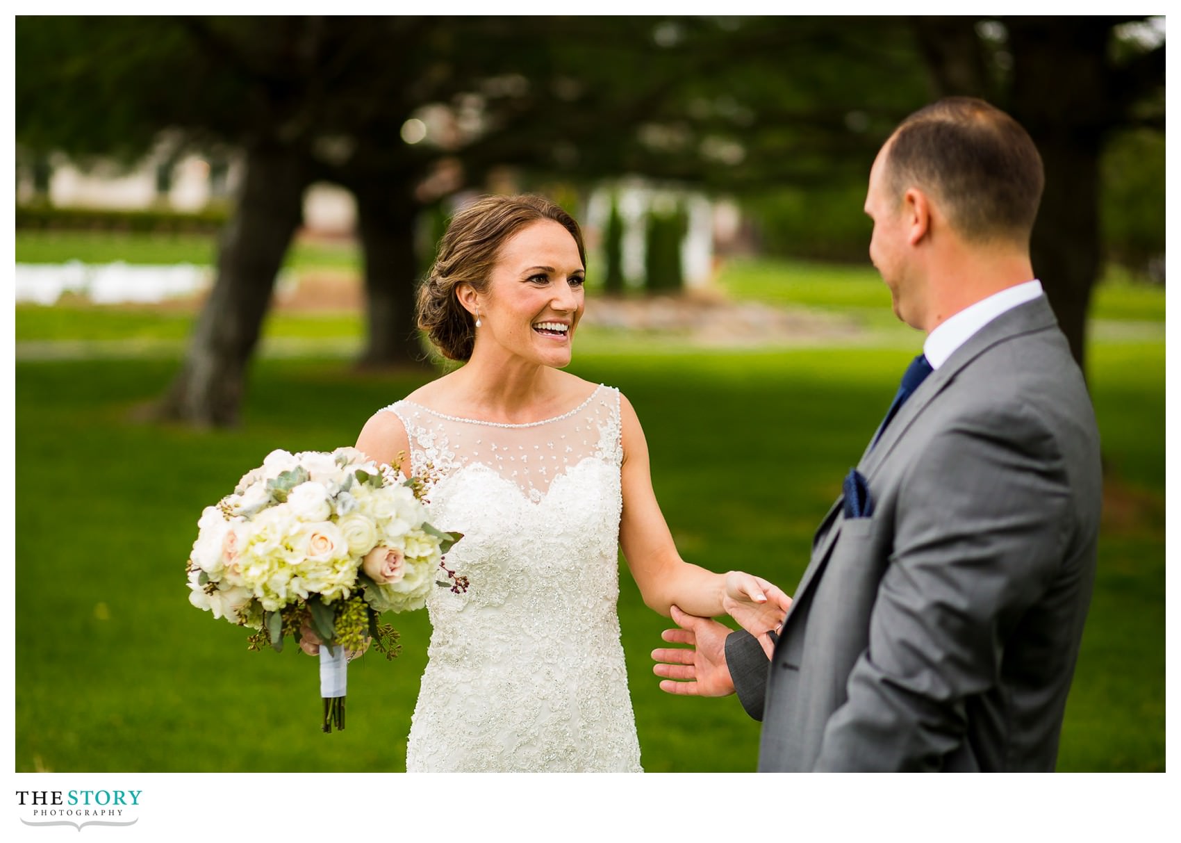 bride seeing groom for the first time on the wedding day