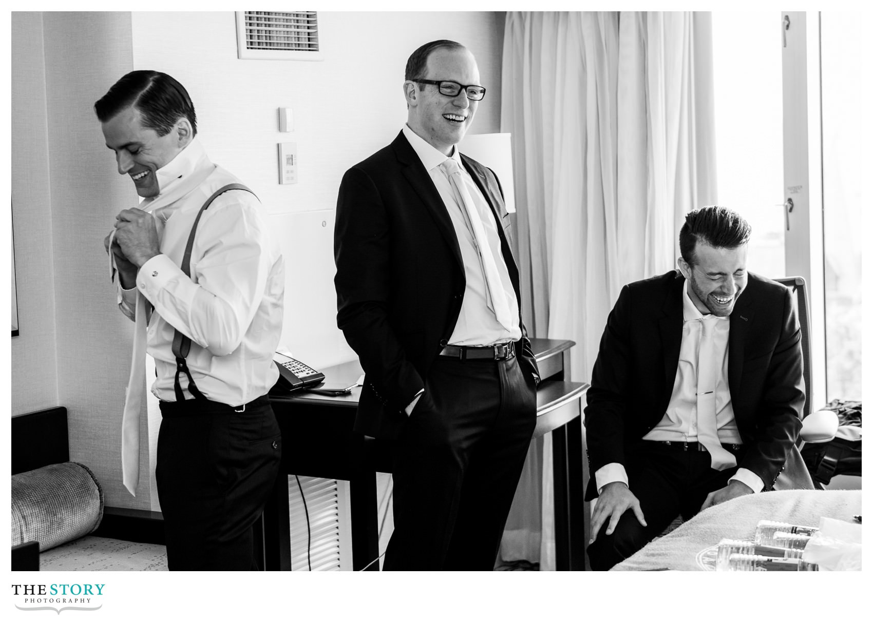 groomsmen getting ready for wedding day at Cornell's Statler Hotel