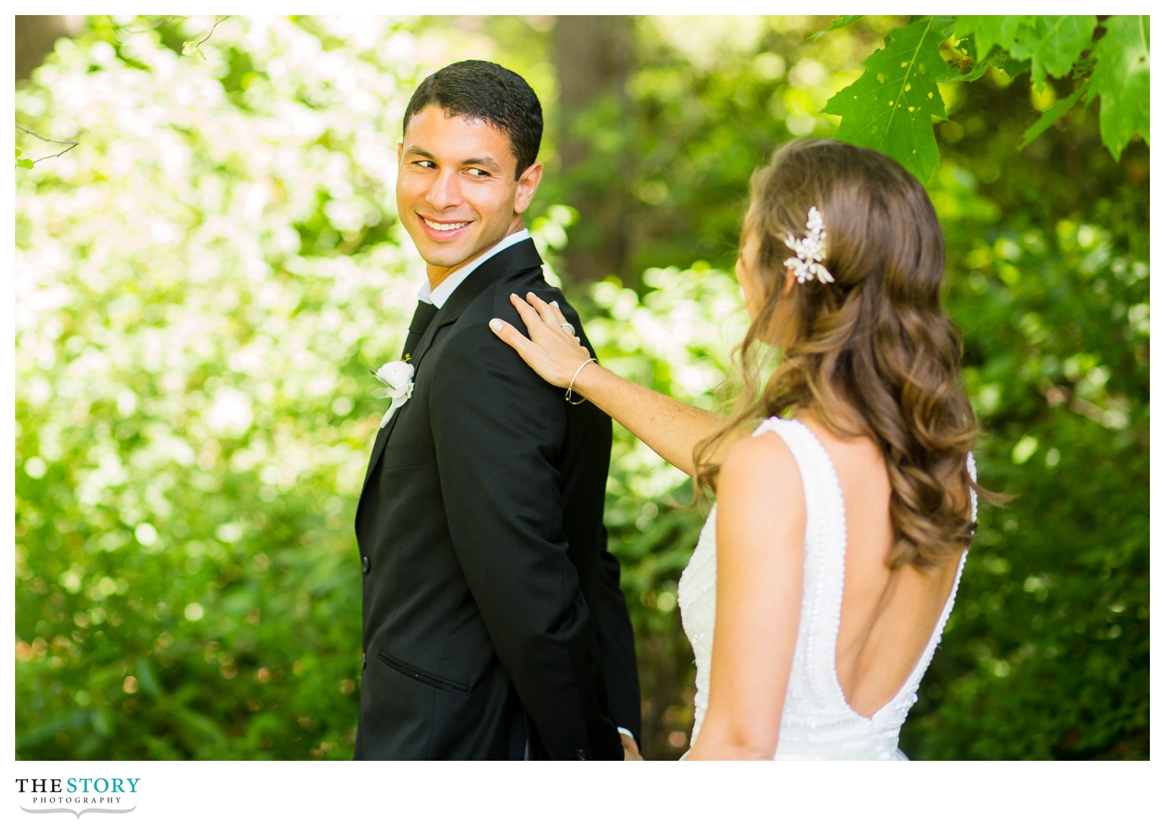 groom sees bride for the first time on the wedding day at Cornell University