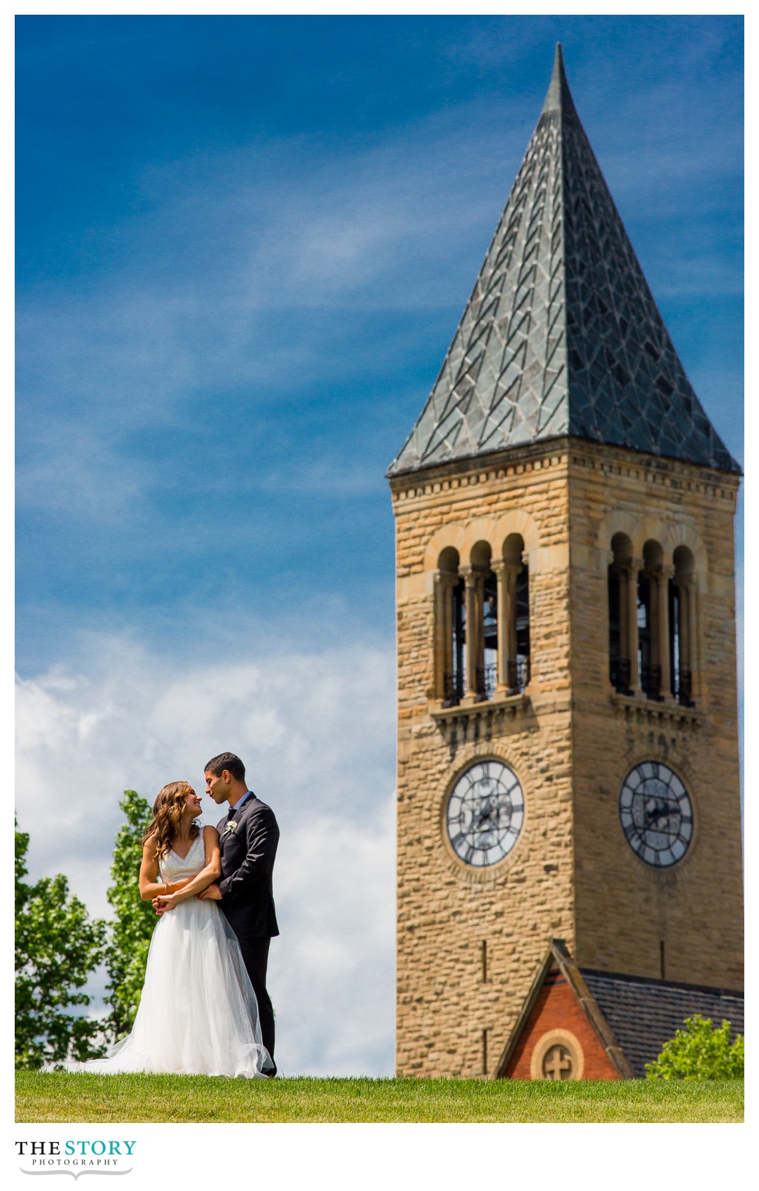 cornell university wedding photo with clock tower