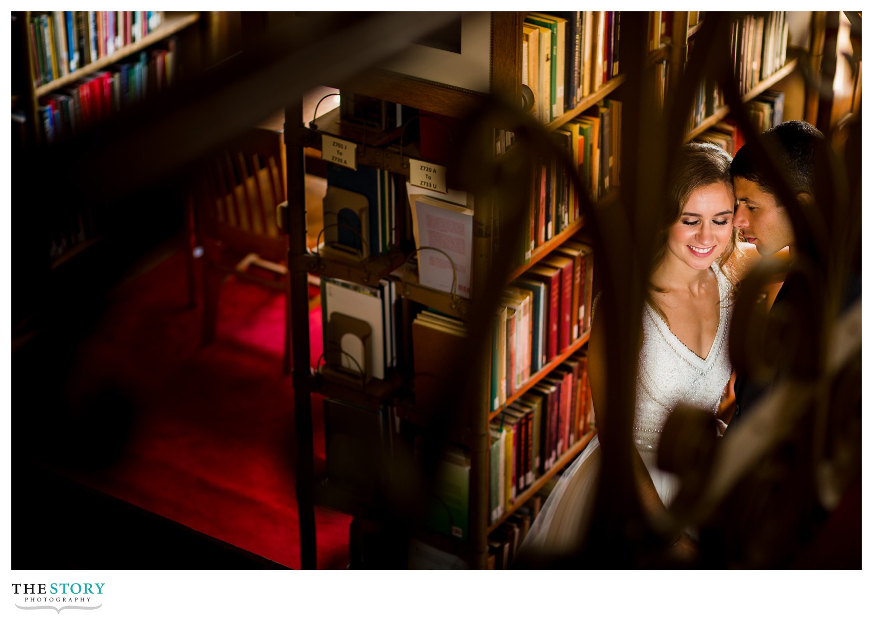 wedding photos in library at Cornell University