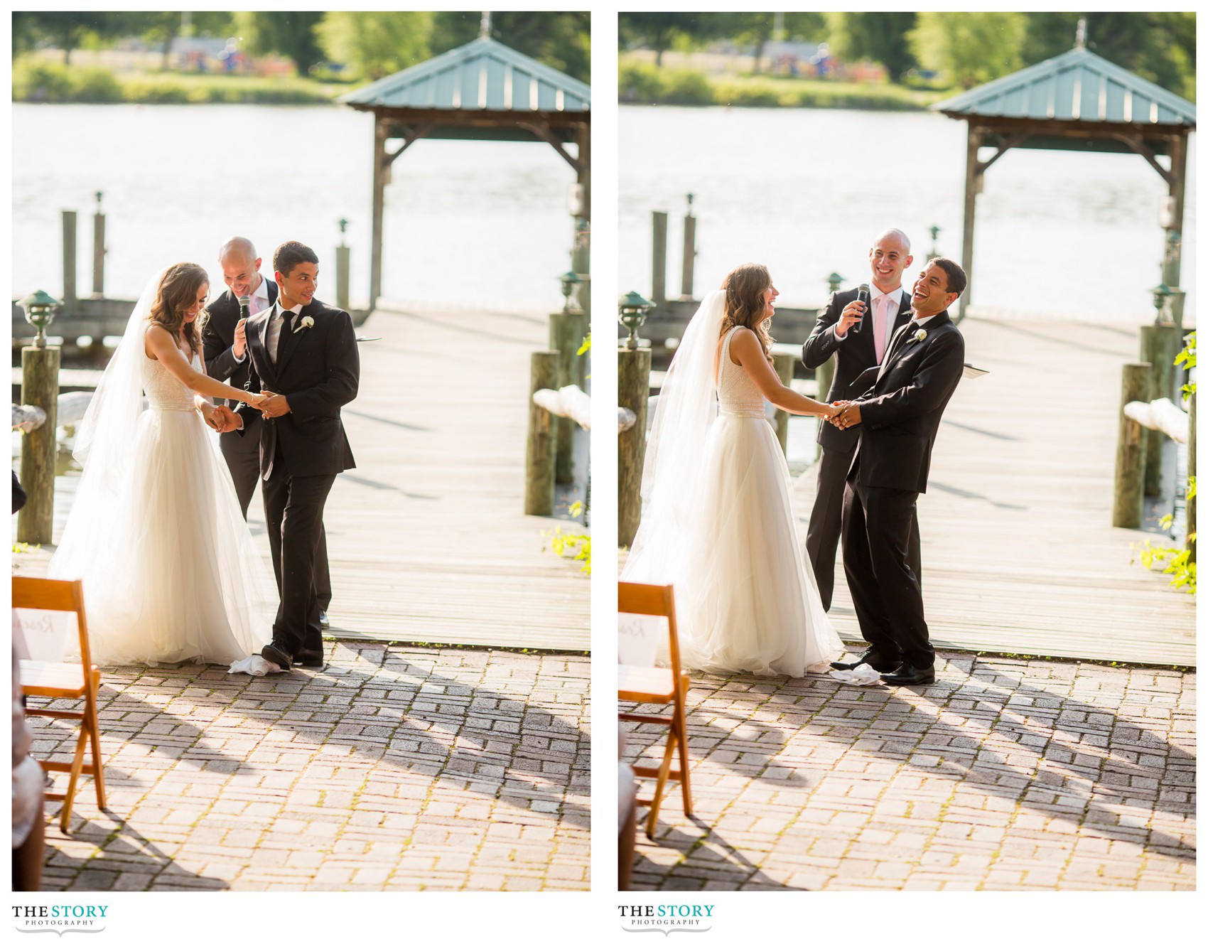 groom tries to break glass at the end of the wedding ceremony in Ithaca