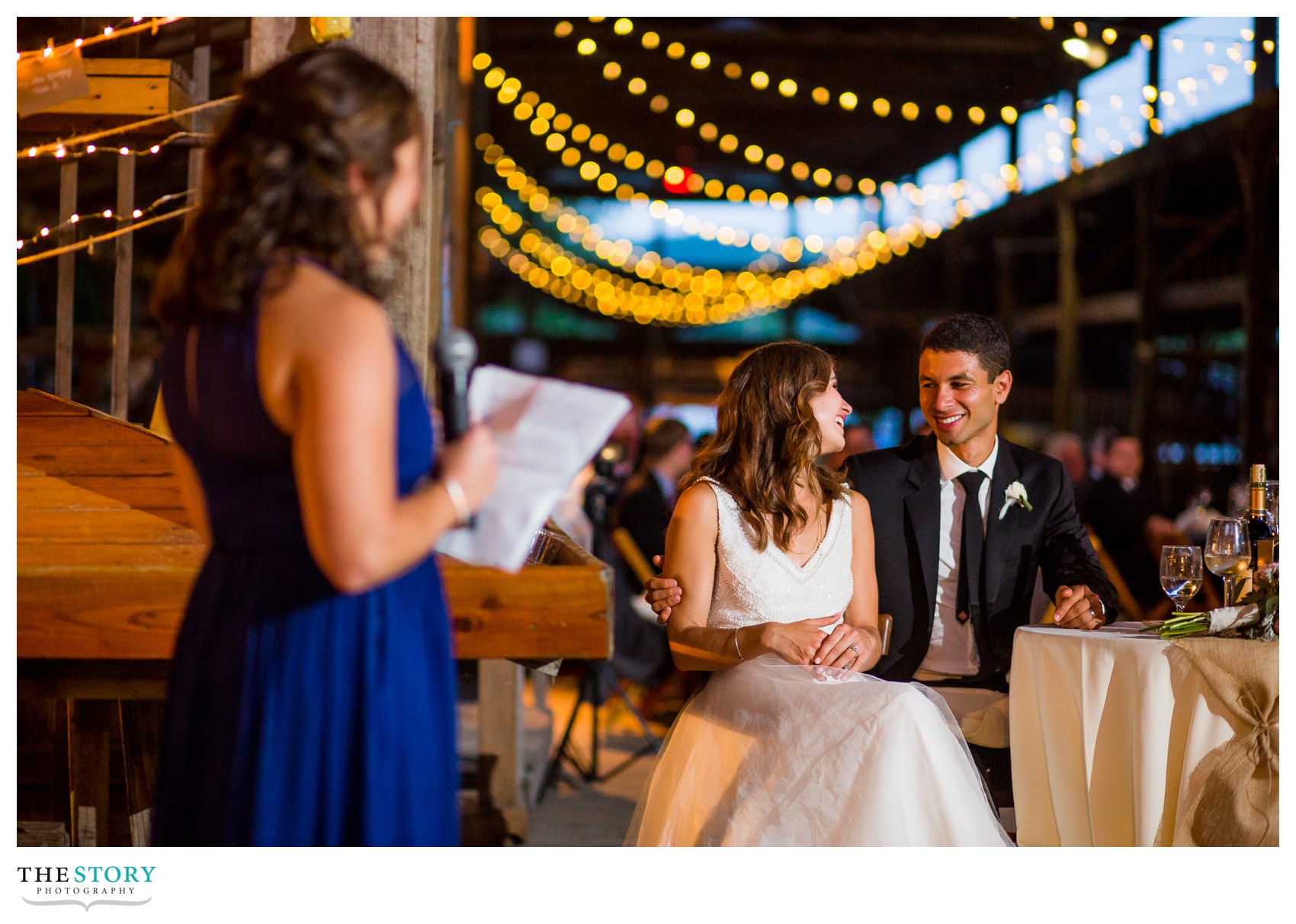 bride and groom reactions to maid of honor speech at Ithaca wedding