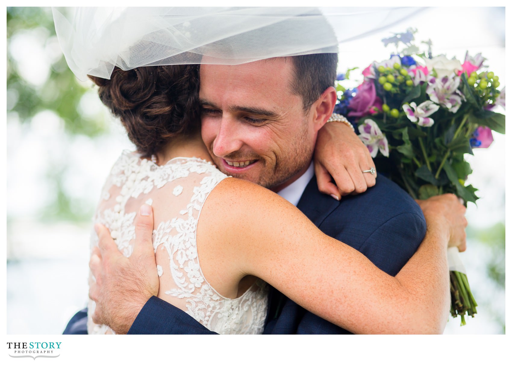 bride and groom enjoy moment during the first look at Clayton, NY wedding