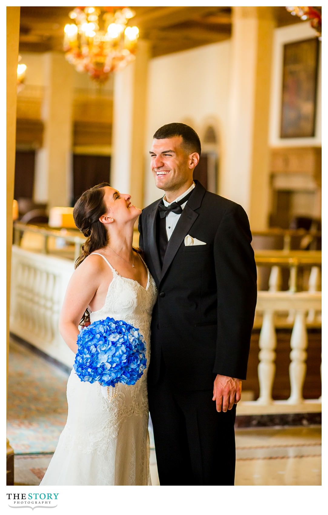 wedding photo in lobby at Marriott Syracuse Downtown