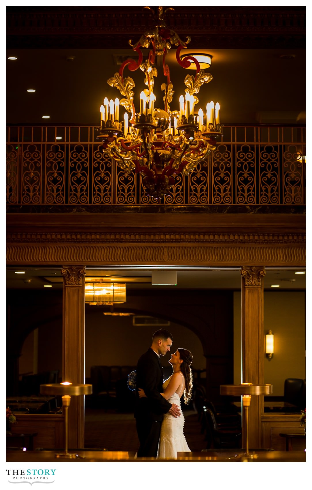 wedding photo in lobby at Marriott Syracuse Downtown