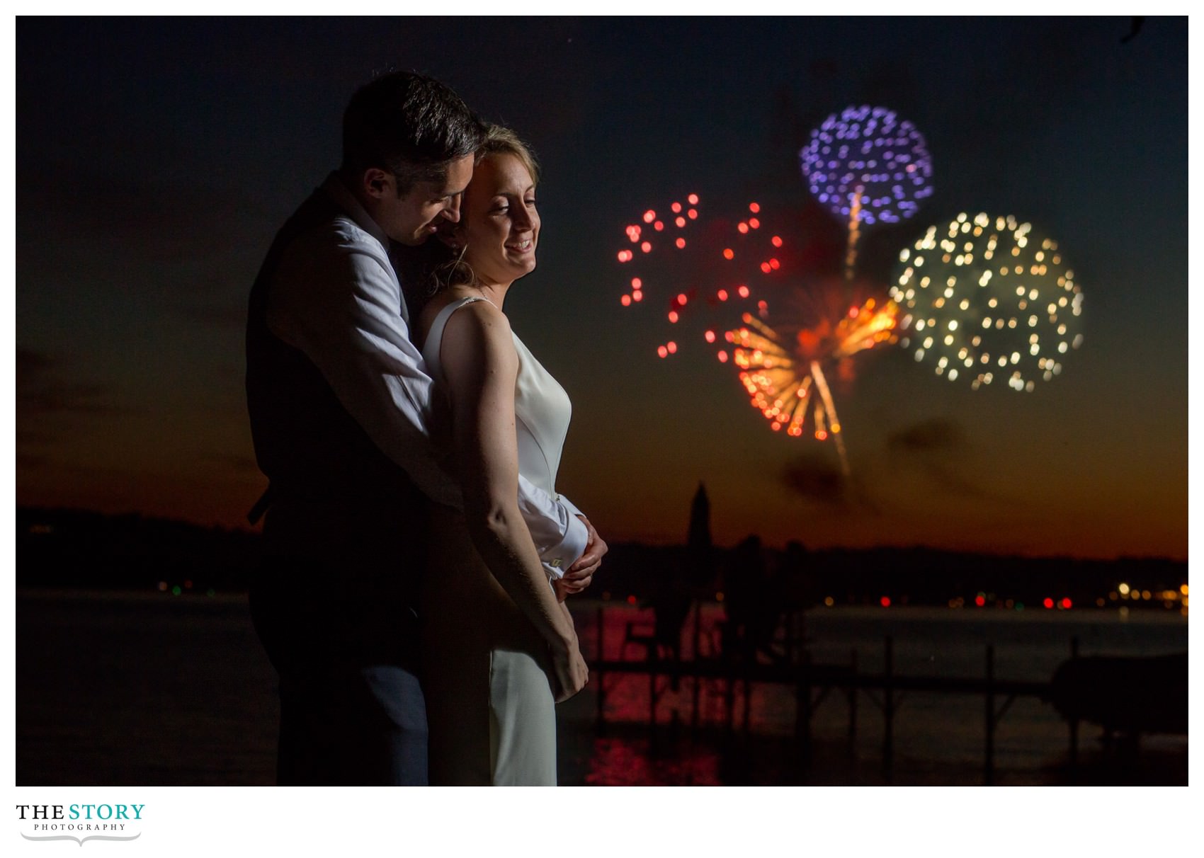 wedding day fireworks over Skaneateles Lake
