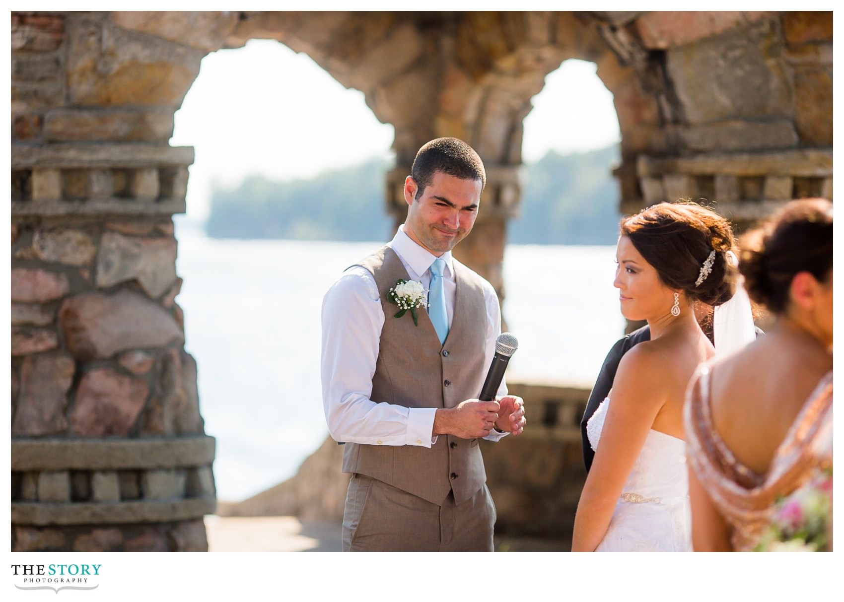 groom gets choked up during wedding on cherry island at casa blanca