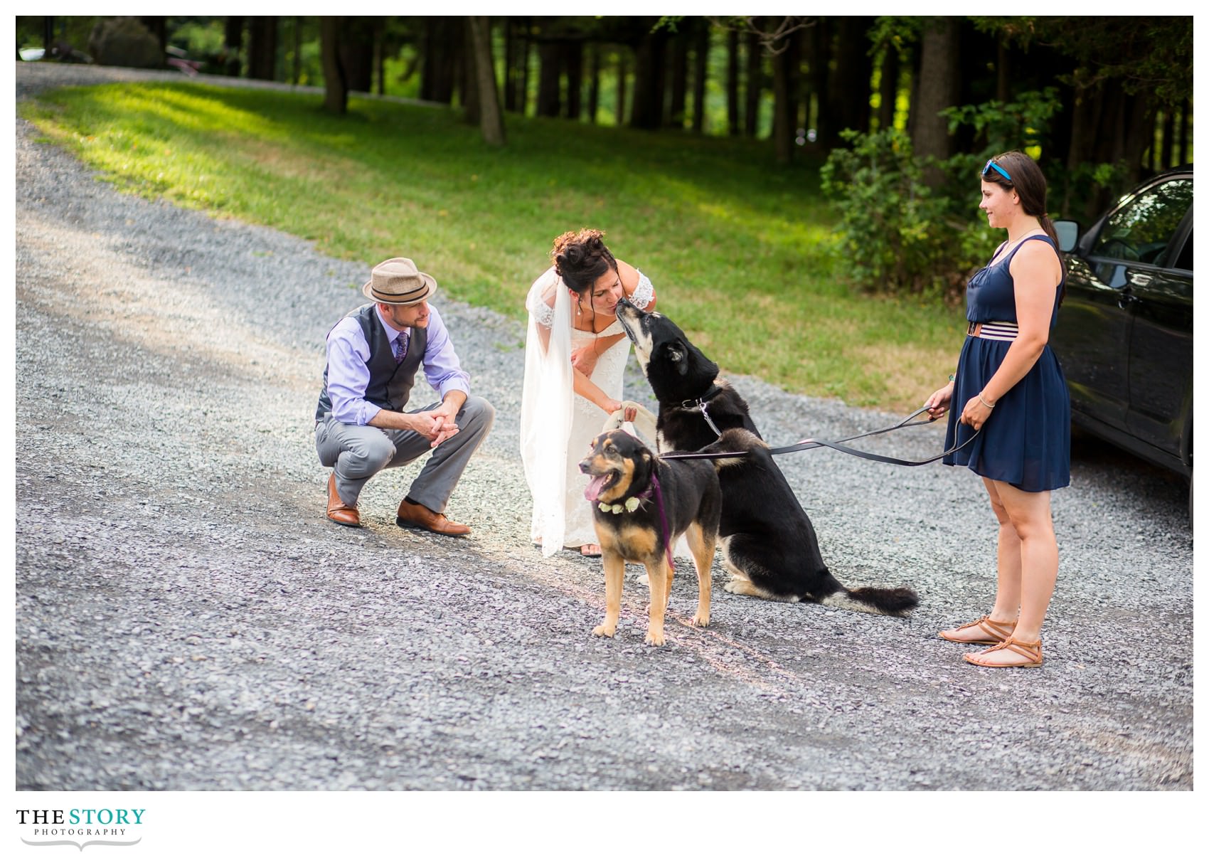 bride kisses her dog on wedding day