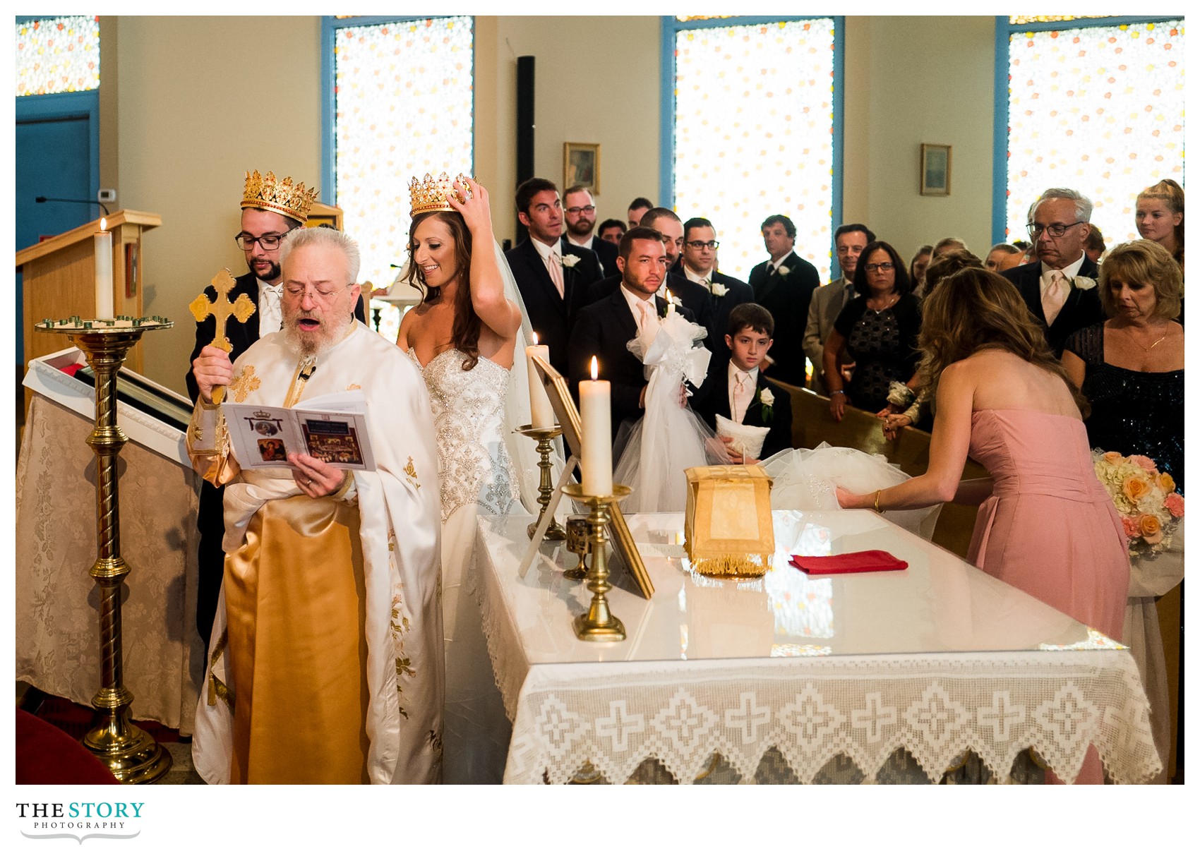 bride and groom walk circles at Geneva, NY orthodox wedding ceremony