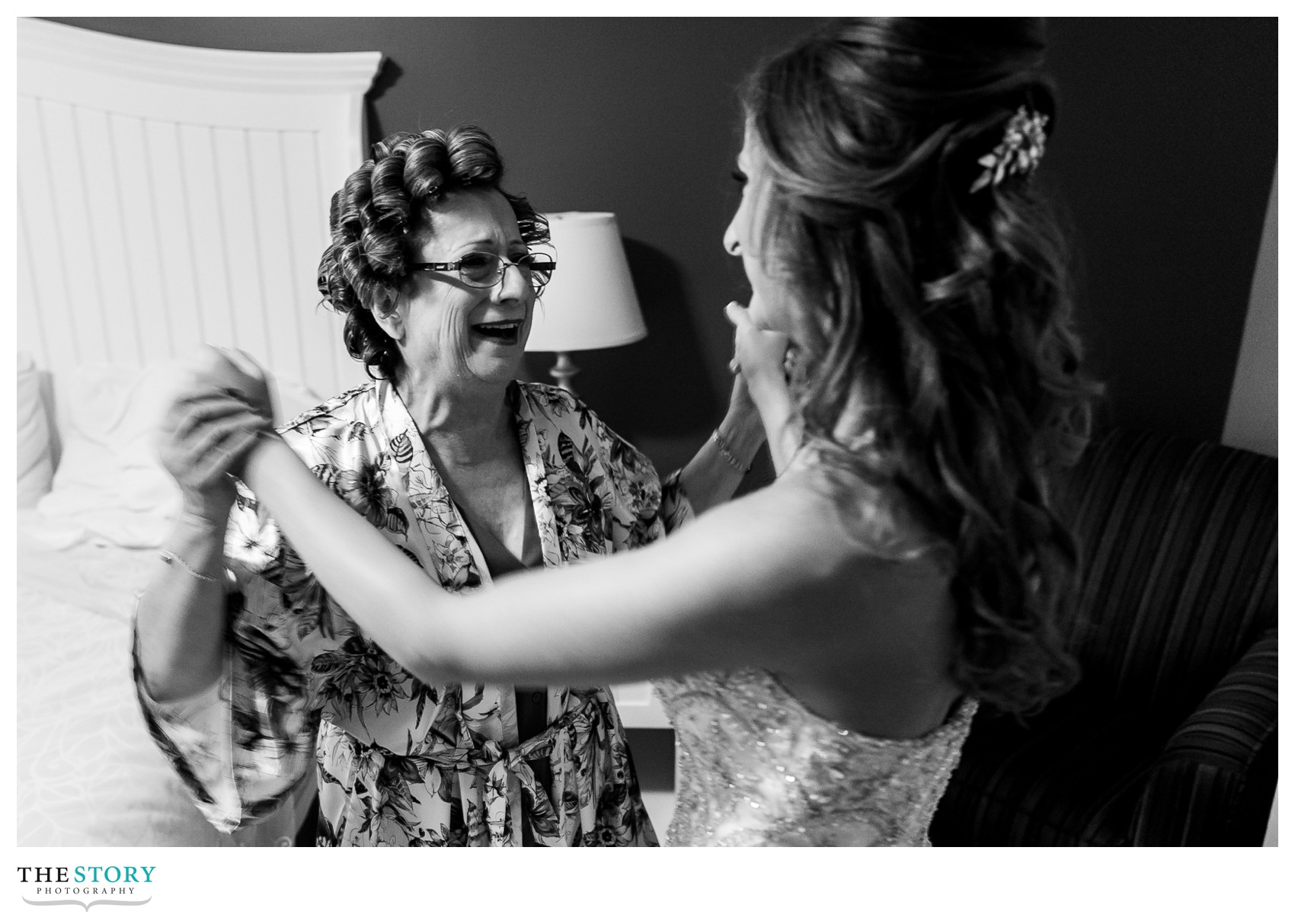 bride and her mother excited for wedding day