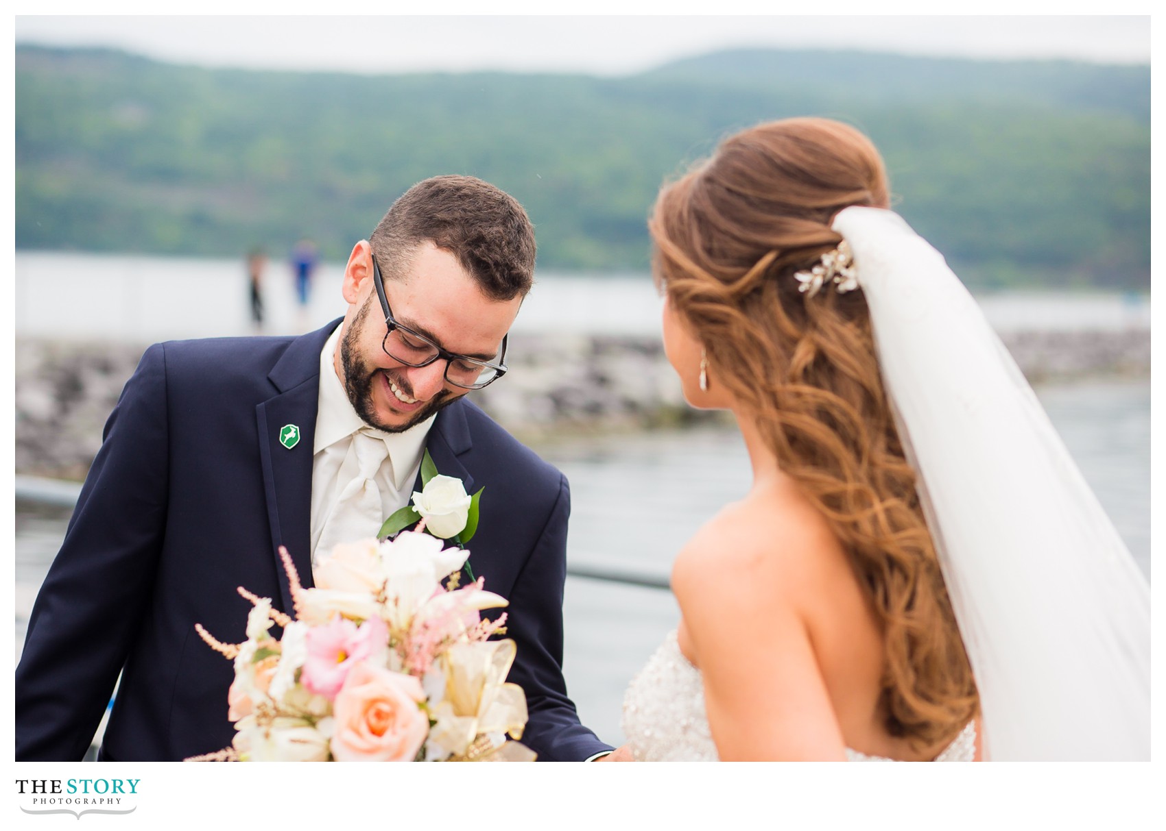 wedding day first look on Seneca Lake in Watkins Glen