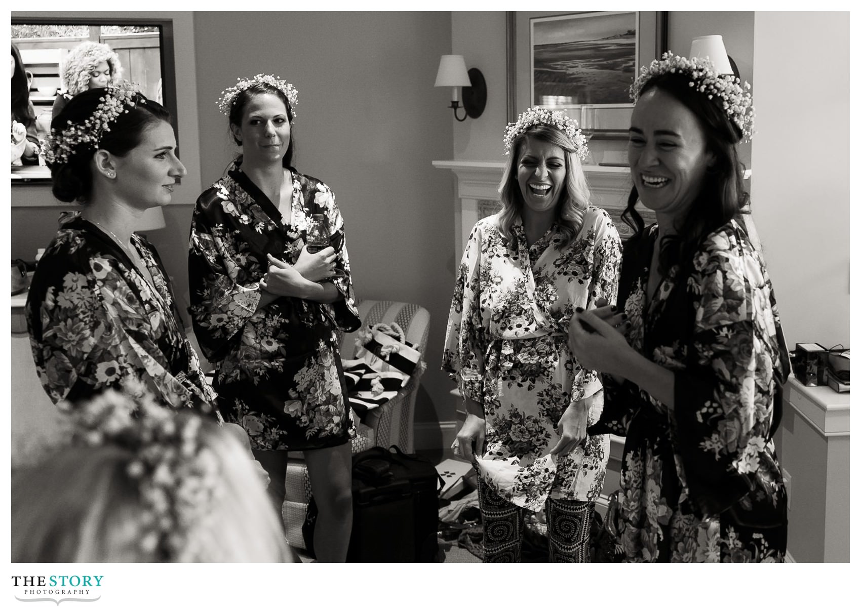 bridesmaids enjoy fun moment before wedding day