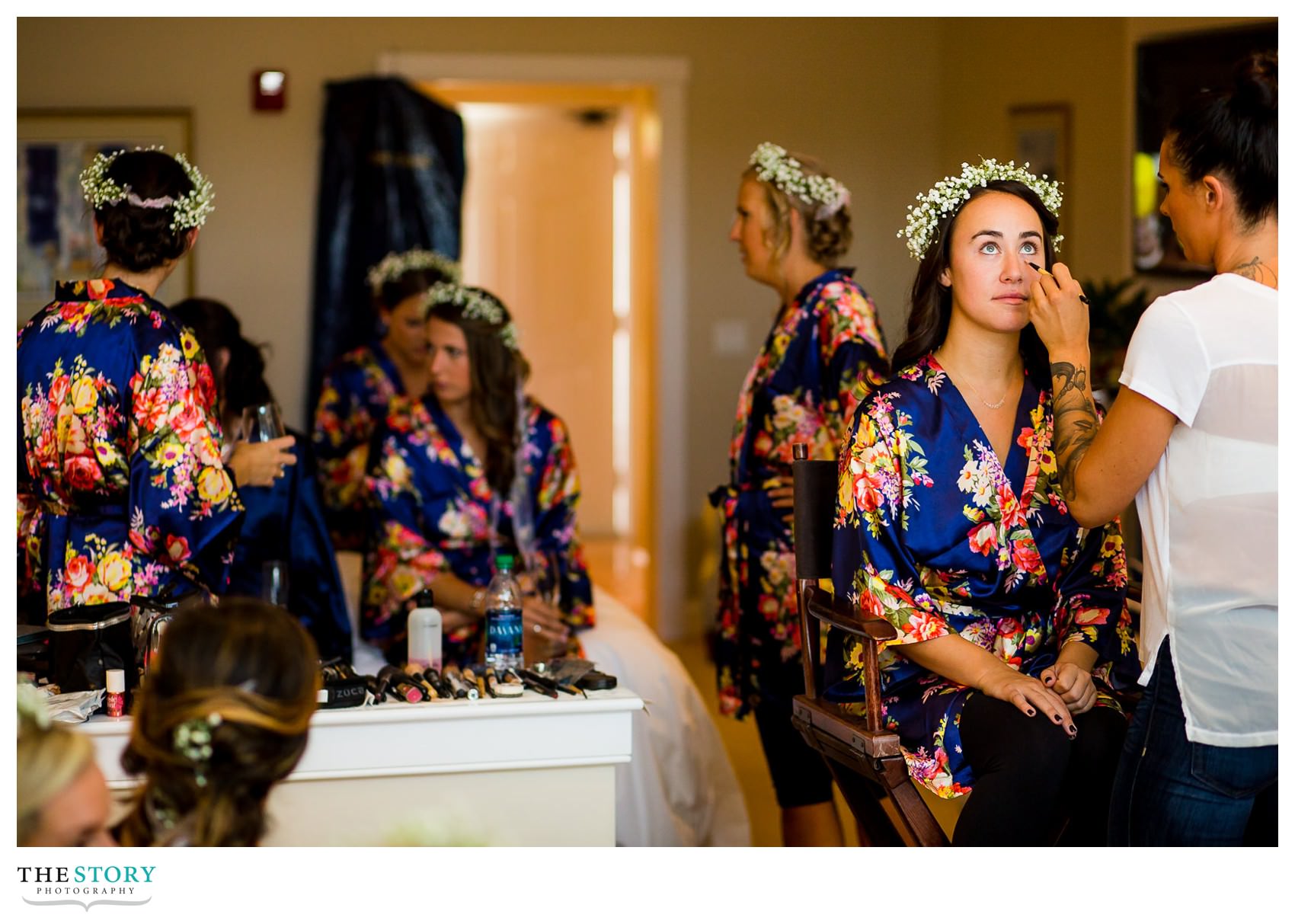 bridesmaid getting makeup done at Chatham Bars Inn